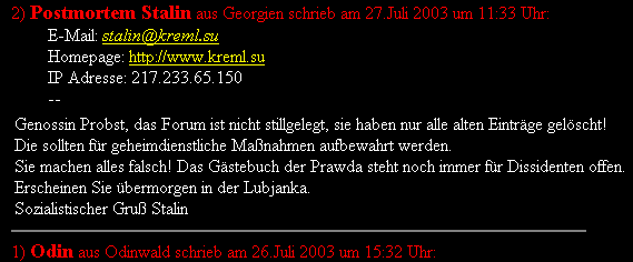 Nun meldet sich im G�stebuch der Odenw�lder Prawda auch noch Stalin zu Wort